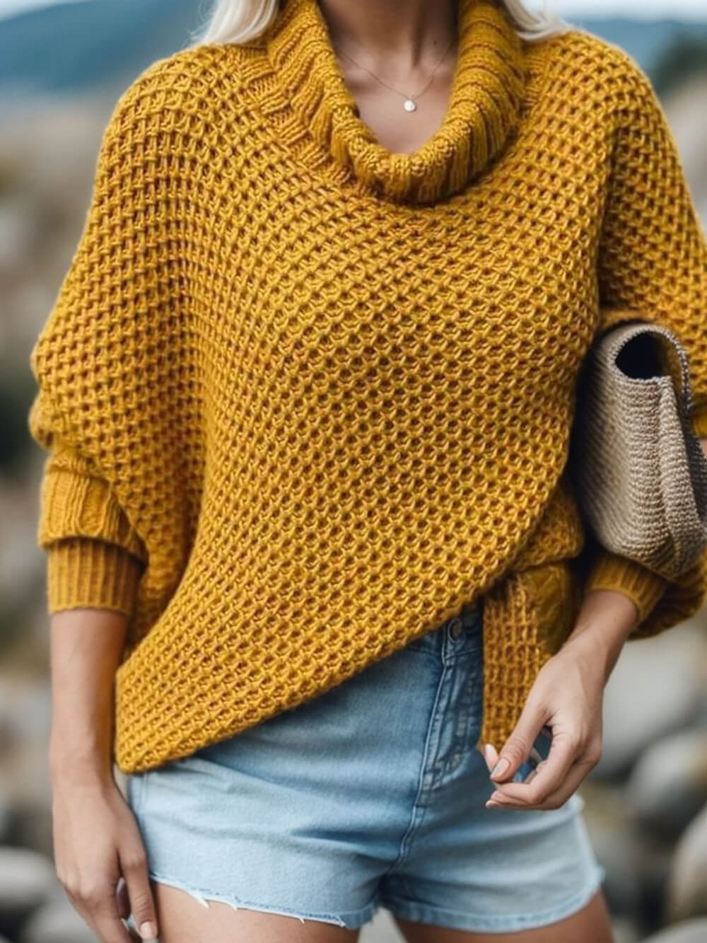 Halskrage Solid Dolman Ärmar Tröja