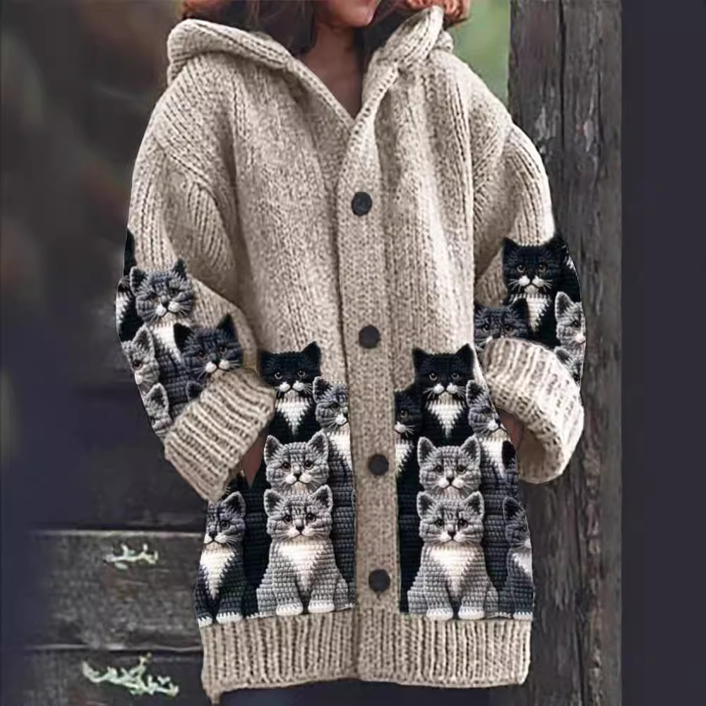 Jasmin - Mysig Stickad Katttryck Cardigan