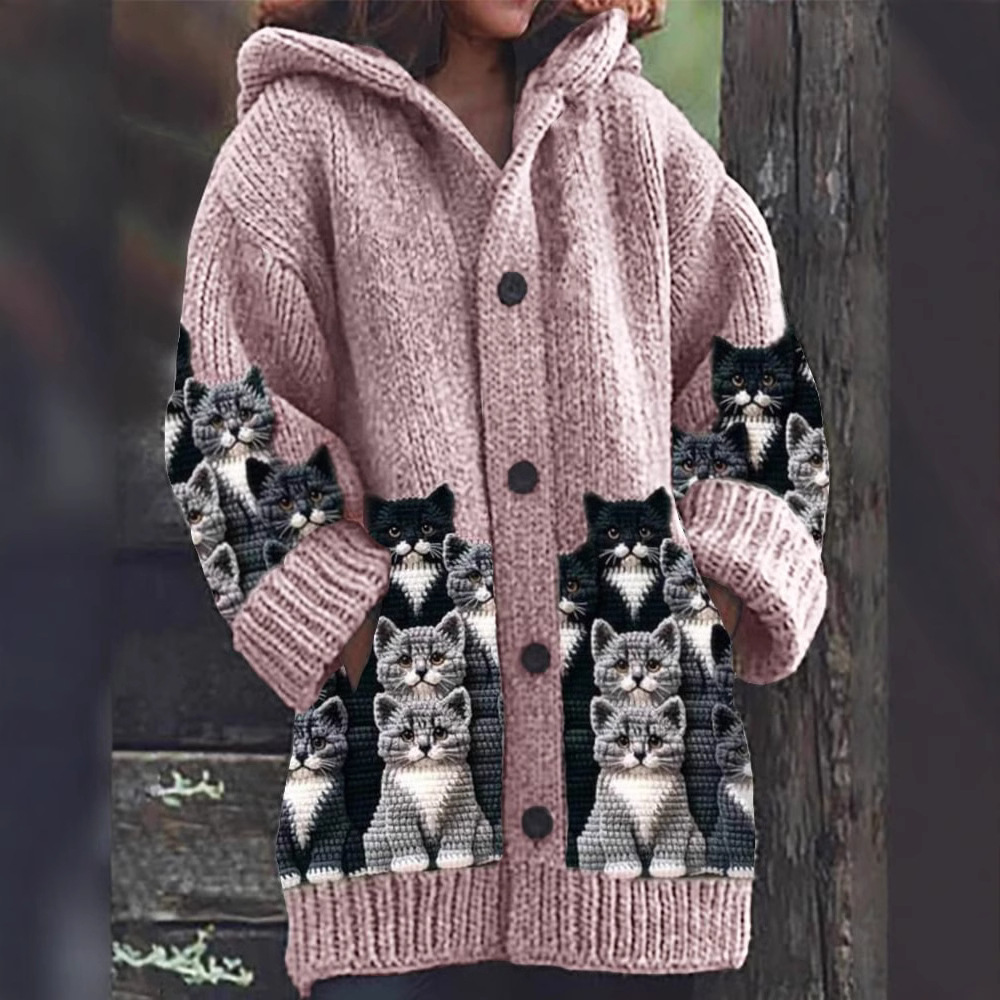 Jasmin - Mysig Stickad Katttryck Cardigan