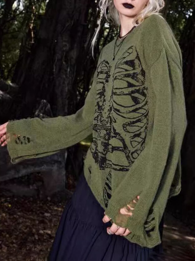 Halloween Skelett Mörk Stil Rivet Långärmad Tröja