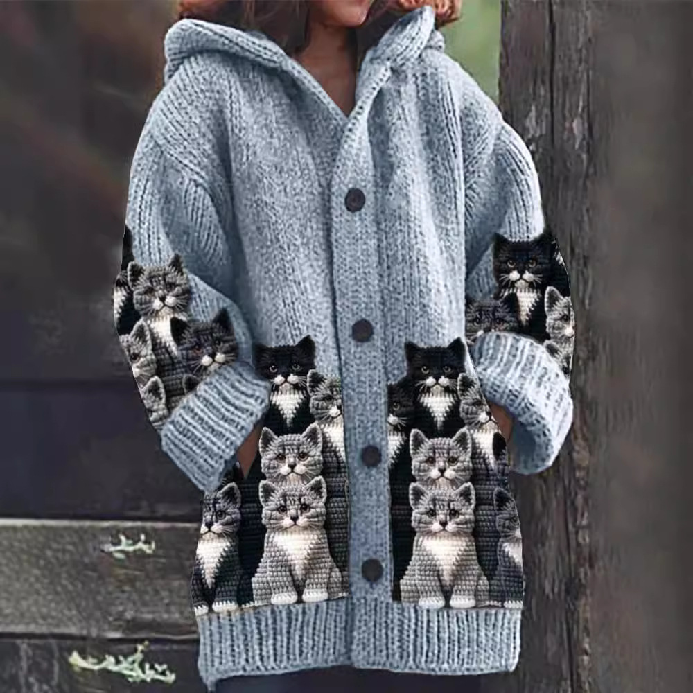 Jasmin - Mysig Stickad Katttryck Cardigan