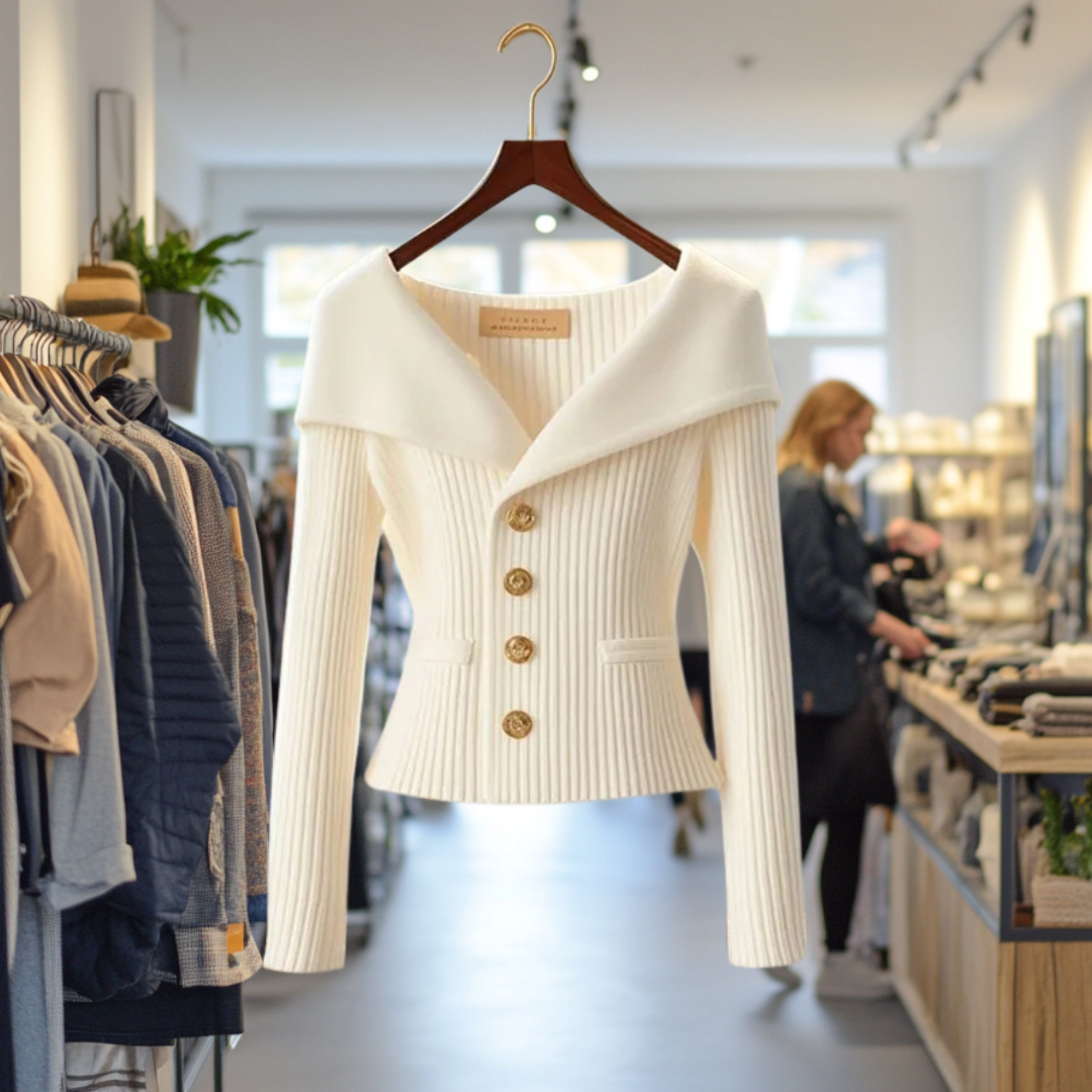 Noora™ | Aeliana – Ribbstickad koftjacka med bred krage