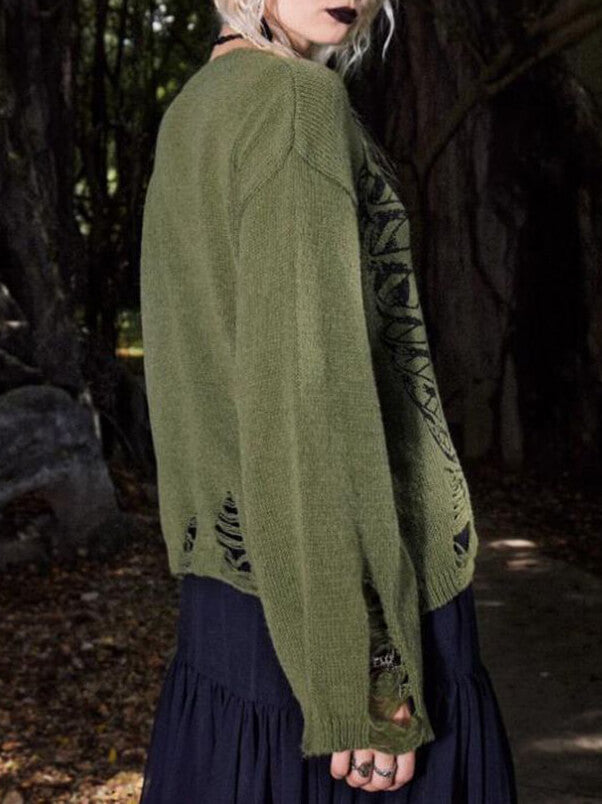 Halloween Skelett Mörk Stil Rivet Långärmad Tröja