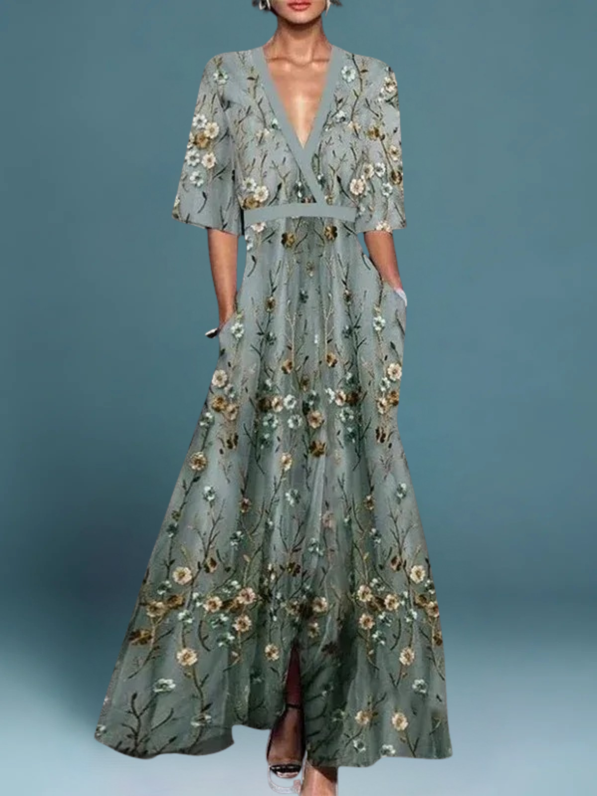Noora™ | Océane – Elegant Lång Klänning med Blommor