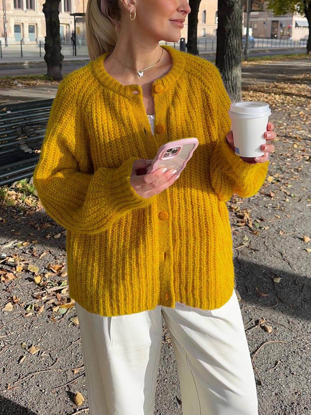 Lätt och ledig enfärgad långärmad cardigan