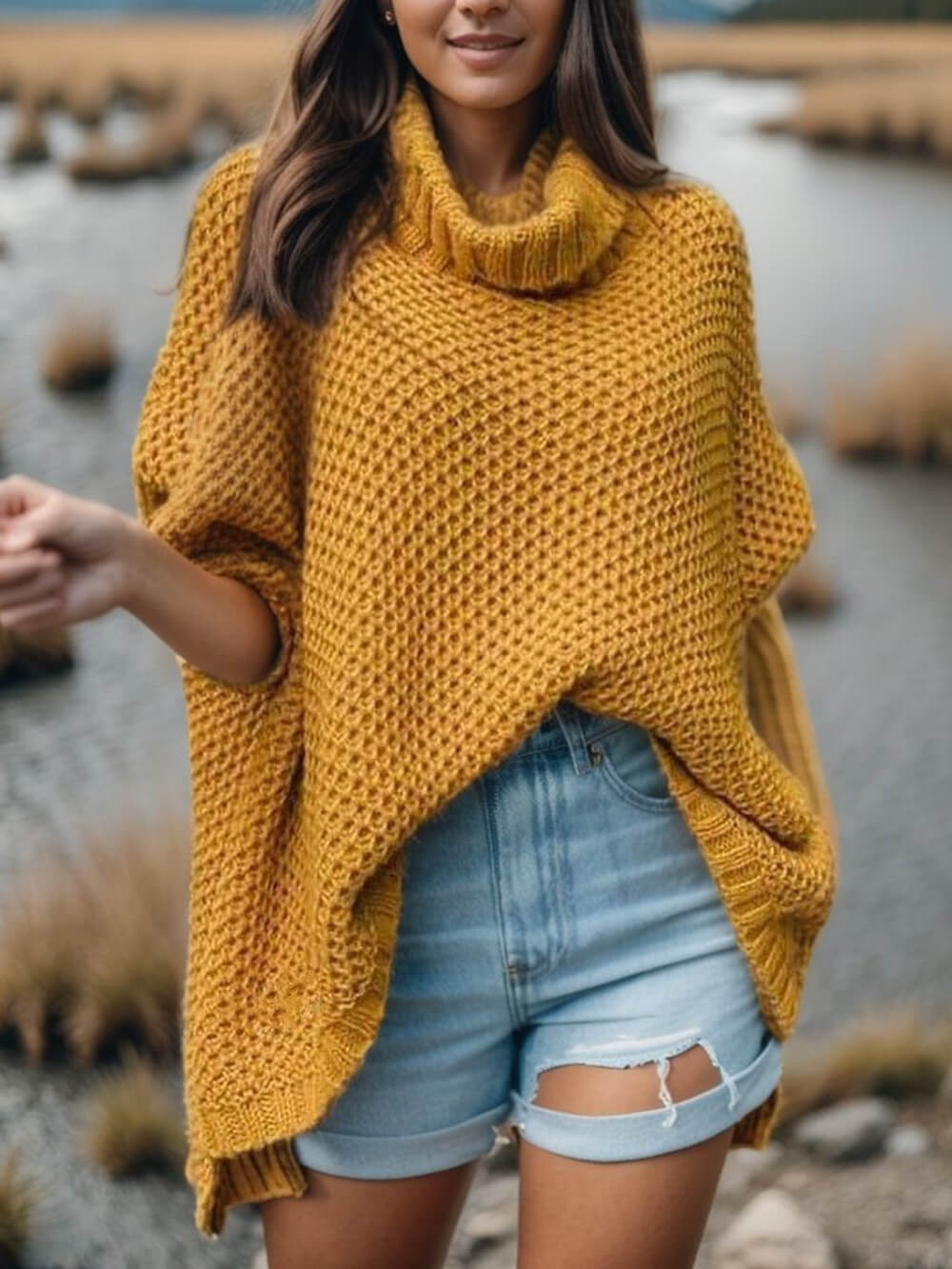 Halskrage Solid Dolman Ärmar Tröja