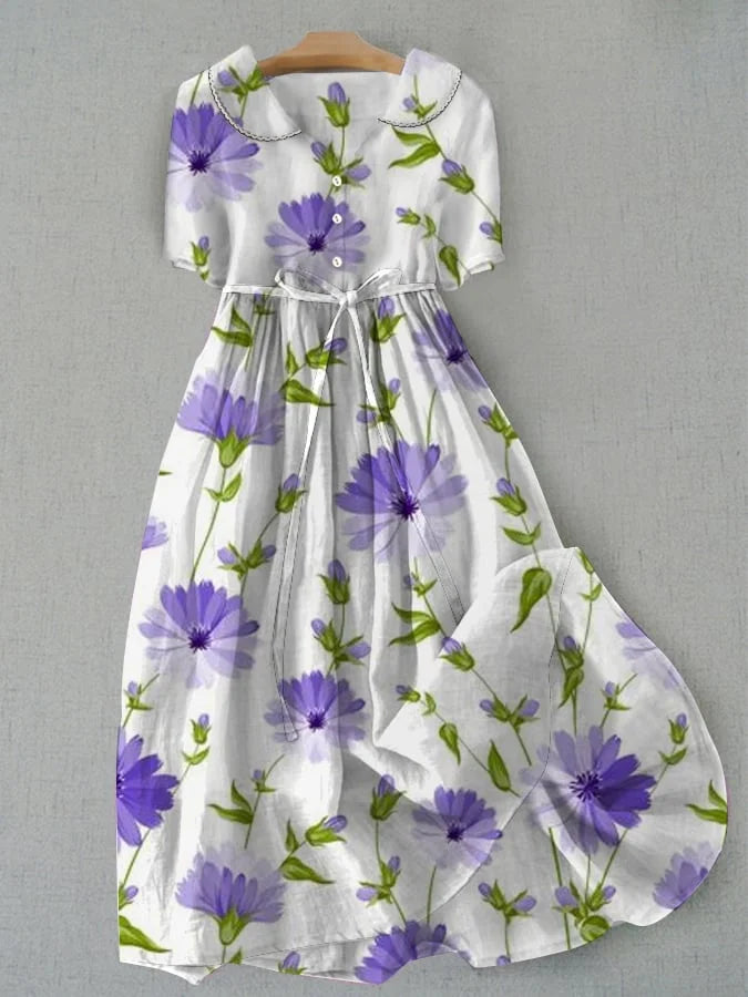 Sage - Retro Klänning med Blommor och Midjeband